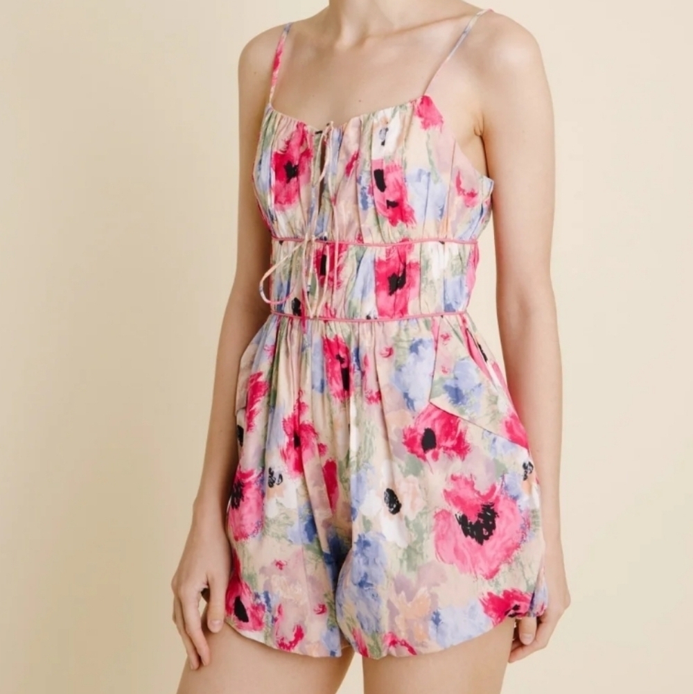 AUREUM Floral Watercolor Spaghetti-Strap Romper in Pink, Blue, Cream